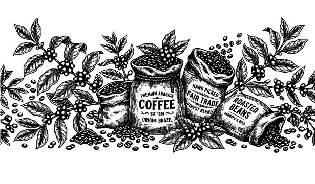 Antique coffee engraving illustrations with botanical branches and bean sacks