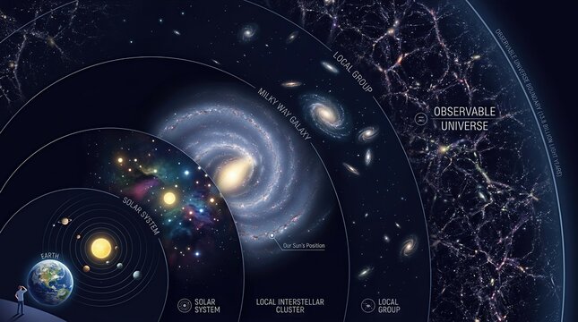 Cosmic hierarchy reveals immense scale, illustrating universe structure, from solar system arrangement, galaxy formation, local group aggregation, to observable cosmic expanse.