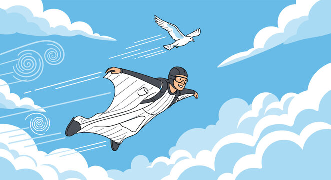 Adventurous person in a white wingsuit glides through a bright blue sky filled with clouds alongside a flying white bird for freedom.