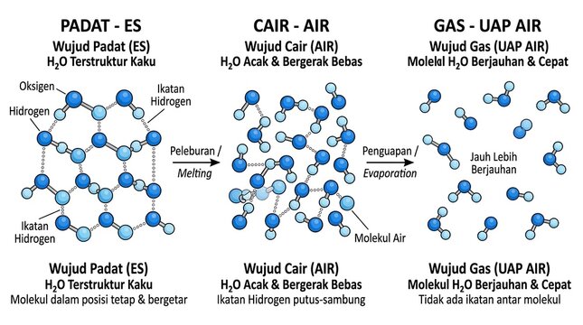 Diagram illustrating the three states of water - solid, liquid, and gas.