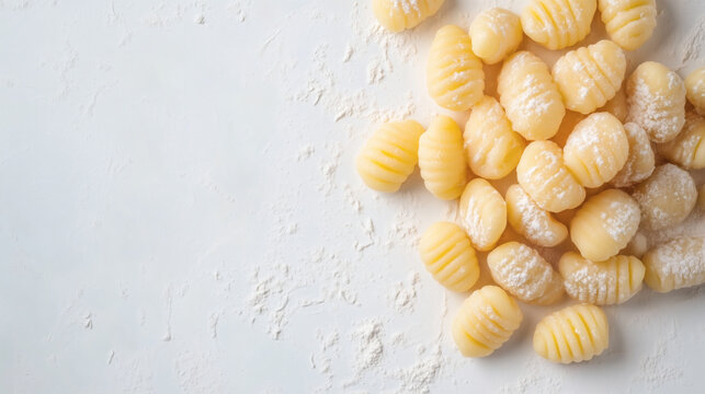 Top view of raw Italian gnocchi on white background with copy space