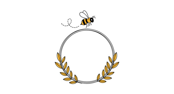 Circular botanical frame with leafy branches at the bottom and a cute cartoon bee flying above it leaving a dotted line trail.
