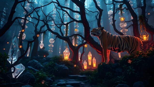 A tiger standing in a mystical forest with glowing crystals and lanterns