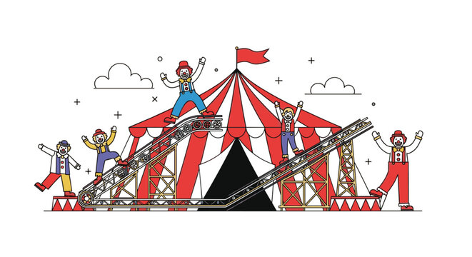 Group of cheerful circus clowns performing acrobatic tricks and playful poses in front of a red and white striped big top tent.