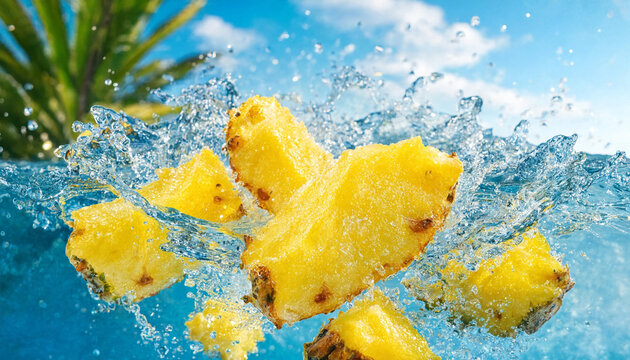 Fresh pineapple chunks splashing in blue water, tropical fruit slices falling with water droplets, refreshing summer cocktail ingredients