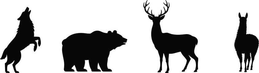 Set of wild animal silhouettes including a howling wolf grizzly bear horned deer and llama isolated on white background © rehna