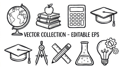 Fototapeta premium Education school icon sketch doodle illustration Education school icons sketch style doodle set featuring globe book calculator graduation cap compass pencil ruler chemistry flask