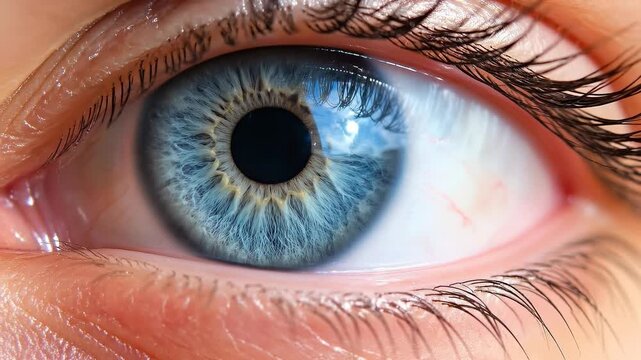 Extreme close-up of a blue human eye with detailed iris and eyelashes
