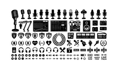 Obraz premium Professional retro vintage microphone icons with recording studio and audio symbols vector set