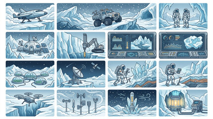 Futuristic Arctic Exploration Vehicles and Equipment. © akagami