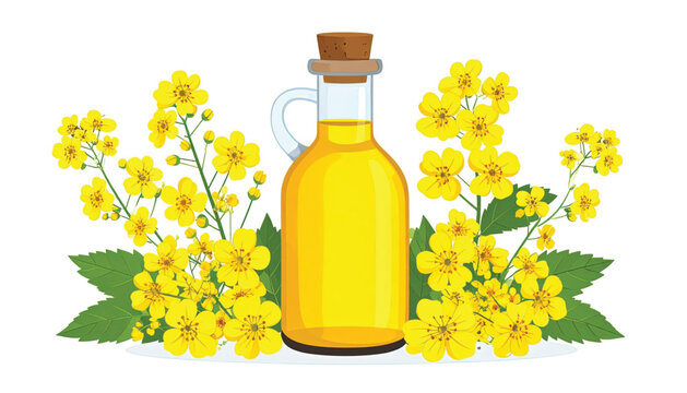 Bottle of yellow liquid oil.