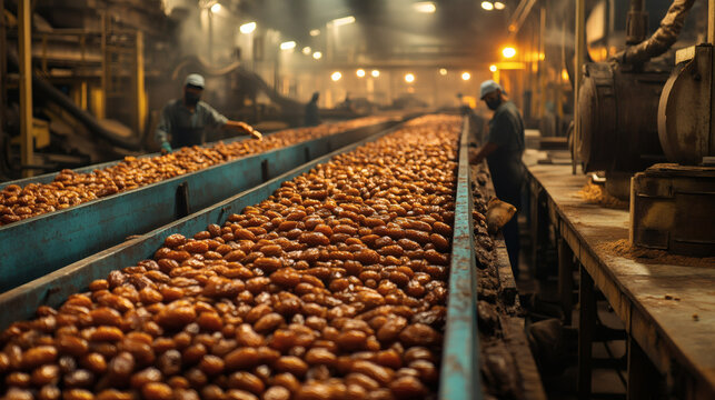 Workers operate machinery in a large industrial facility processing thousands of nuts on conveyor belts under bright overhead lighting with heavy equipment and long production lines visible in the