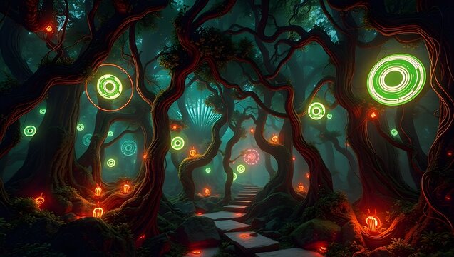 Mystical forest with glowing neon circles on tree trunks and pathway
