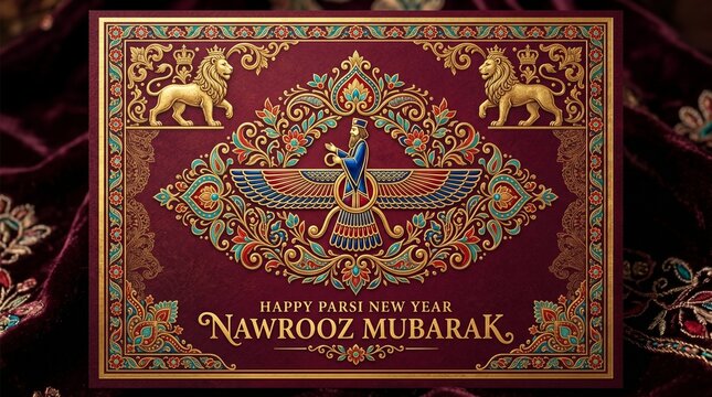 Happy Parsi New Year Nowrooz Mubarak with Faravahar symbol and traditional Persian design.