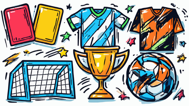 A vibrant collection of hand-drawn soccer and football doodle elements including a ball, gold trophy, jerseys and cards for sport designs.