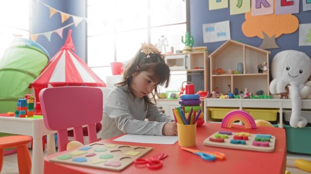 Girl writing with pencil at table in preschool building among toys, blocks, and a rainbow stacker; concentration creativity learning.