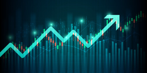 Fototapeta premium moving up arrow financial chart and stock market graph with world map on blue color background