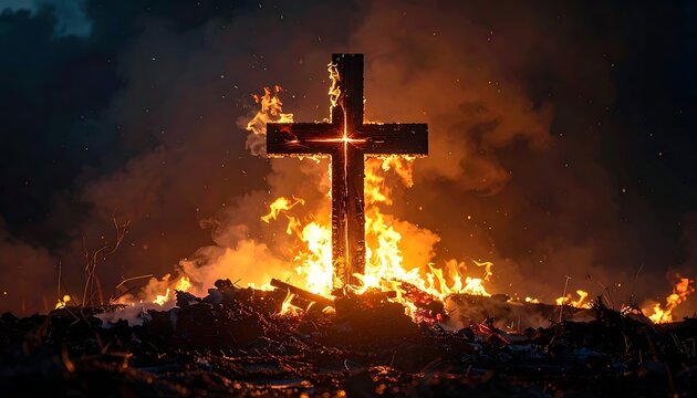 Burning cross on fire at night.