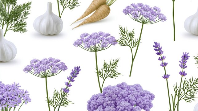 Herb and vegetable floral pattern with garlic and lavender