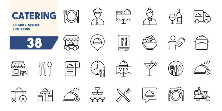 Catering Buffet Icon Food Service Dish Table Setting Delivery Fine Dining Waiter Tray Chef Line Vector Illustration.