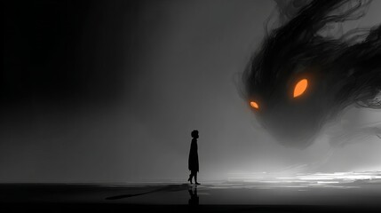 Fototapeta premium Silhouette of a young boy standing before a massive dark ethereal creature with glowing orange eyes in deep misty darkness
