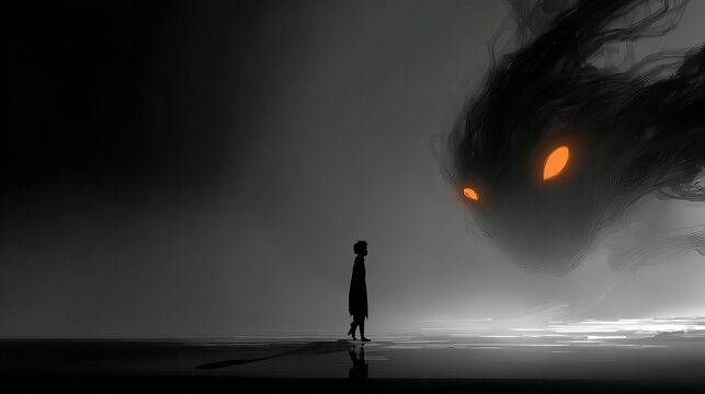 Silhouette of a young boy standing before a massive dark ethereal creature with glowing orange eyes in deep misty darkness