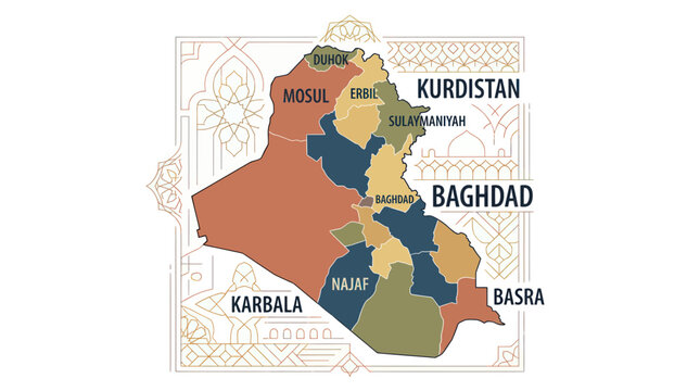 Map of Iraq with Provinces and Major Cities Highlighted, Kurdistan Region