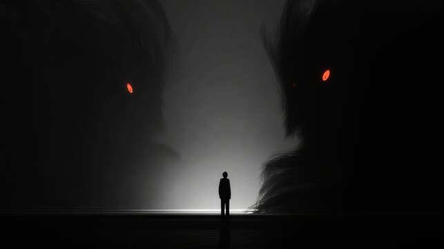 Silhouette of a lone man standing between two towering shadow monsters with glowing red eyes in a dark surreal landscape