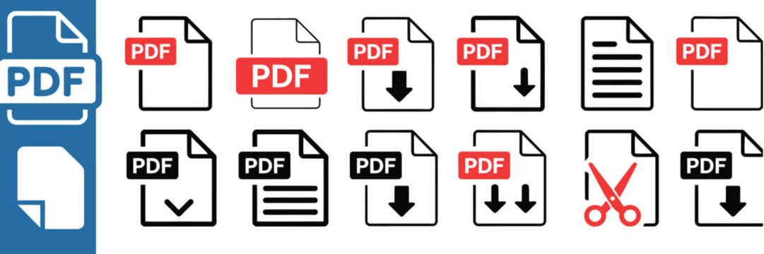 Document Icon Vector black and red color style pdf file download symbol for digital document management interface and graphic design