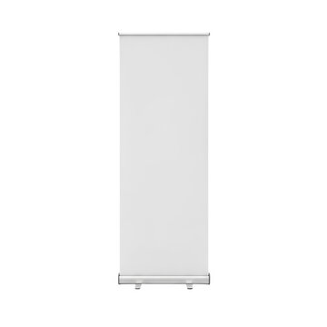 Blank roll up banner mockup, vertical white pull up stand for trade show exhibition, clean aluminum retractable display for marketing and advertising
