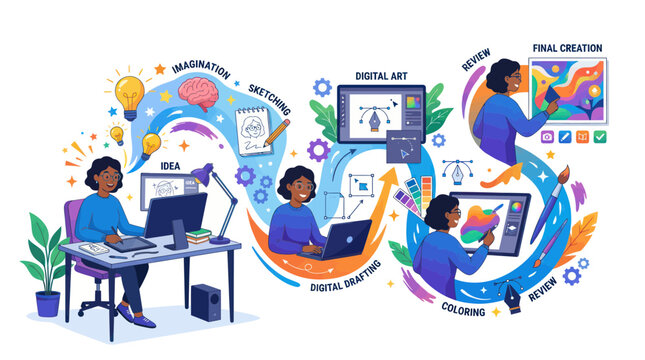 Digital Art Creation Process: Idea, Sketching, Drafting, Coloring, Review, Final Art