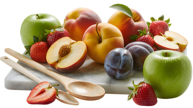 Fresh stone fruits and strawberries on marble board for organic farm shop visual logo set