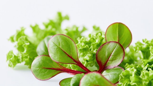 Red veined sorrel leaves resting on green lettuce background close up