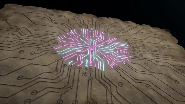 A person unfolds a scroll to reveal circuit patterns and bright lights. The technology blends with the old paper. The room is dim and focused