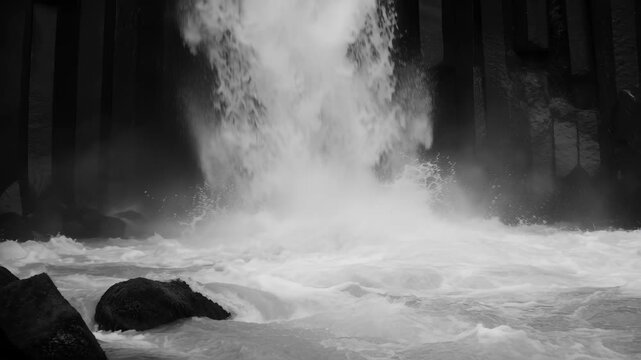 A waterfall pours into a river creating waves and splashes. Rocks and moss are visible near the water. The area shows a natural landscape