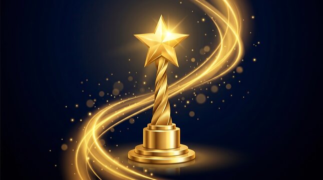 Golden trophy with radiant light trails in dark cosmic background