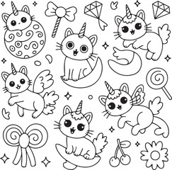 Obraz premium Cute unicorn cat set with wings and sparkles and candy elements hand drawn doodle vector pack for stationery and kids pattern design.