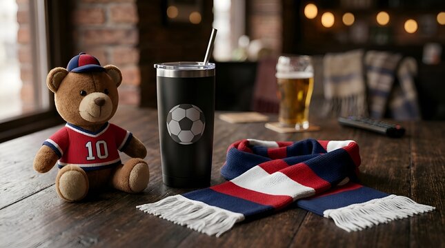Teddy Bear in Jersey & Soccer Scarf with Beer Mug and Tumbler on Table