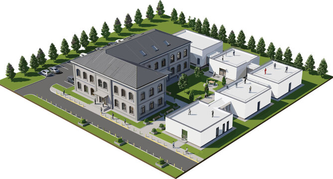 Isometric architectural vector illustration of a modern office complex featuring classic and contemporary buildings, green landscaping, parking area, and tiny people, isolated.