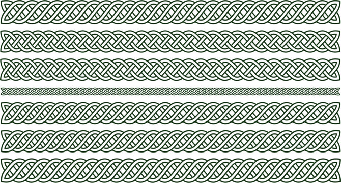 Celtic knot borders collection with green braided patterns and geometric ornaments for vintage frames certificate design and decorative line art.