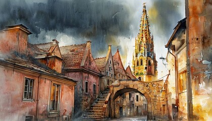 Fototapeta premium Dramatic Watercolor Of A Historic European Cathedral Street