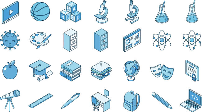 Isometric school and education line icon set with science history art computer coding laboratory microscope laptop backpack and school supplies vector