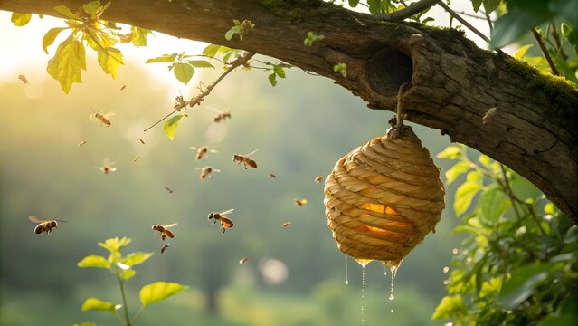 Wild Honeybee Hive Hanging Naturally from Tree Branch in Golden Sunlight
