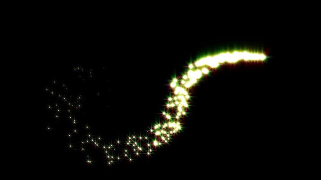 Luxury white glitter sparkles line trail animation, magic sparkles golden stars, fast glowing line motion magic wand sparkle effect, flowing fairy dust, shimmering starlight path on black screen 4k.