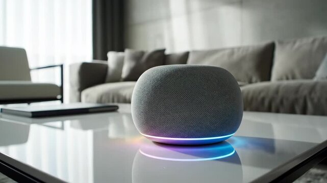Modern smart speaker with glowing neon LED light ring sits on a reflective white coffee table inside a minimalist living room showcasing contemporary home automation technology lifestyle