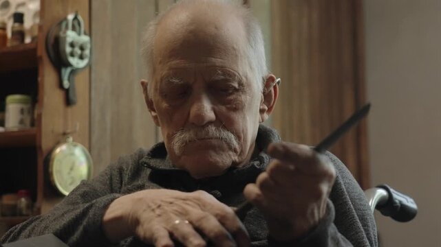 Elderly craftsman working in his old workshop, carefully restoring collectible Japanese bladed weapons