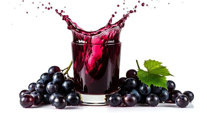 Dark concord grape juice splash with fresh fruit and vine still life