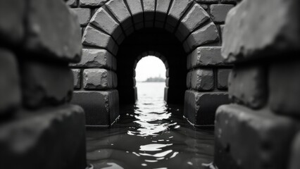 Fototapeta premium A black and white photo of a tunnel underwater with water flowing through it