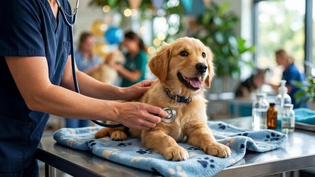 Male veterinarian using stethoscope on golden retriever puppy during routine checkup. Animal healthcare in modern veterinary clinic. Pet examination concept for young dog wellness