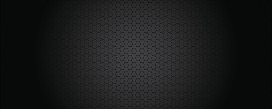 Dark grey abstract wide horizontal banner with hexagon carbon fiber grid and orange luminous lines. Technology vector background with orange neon lines